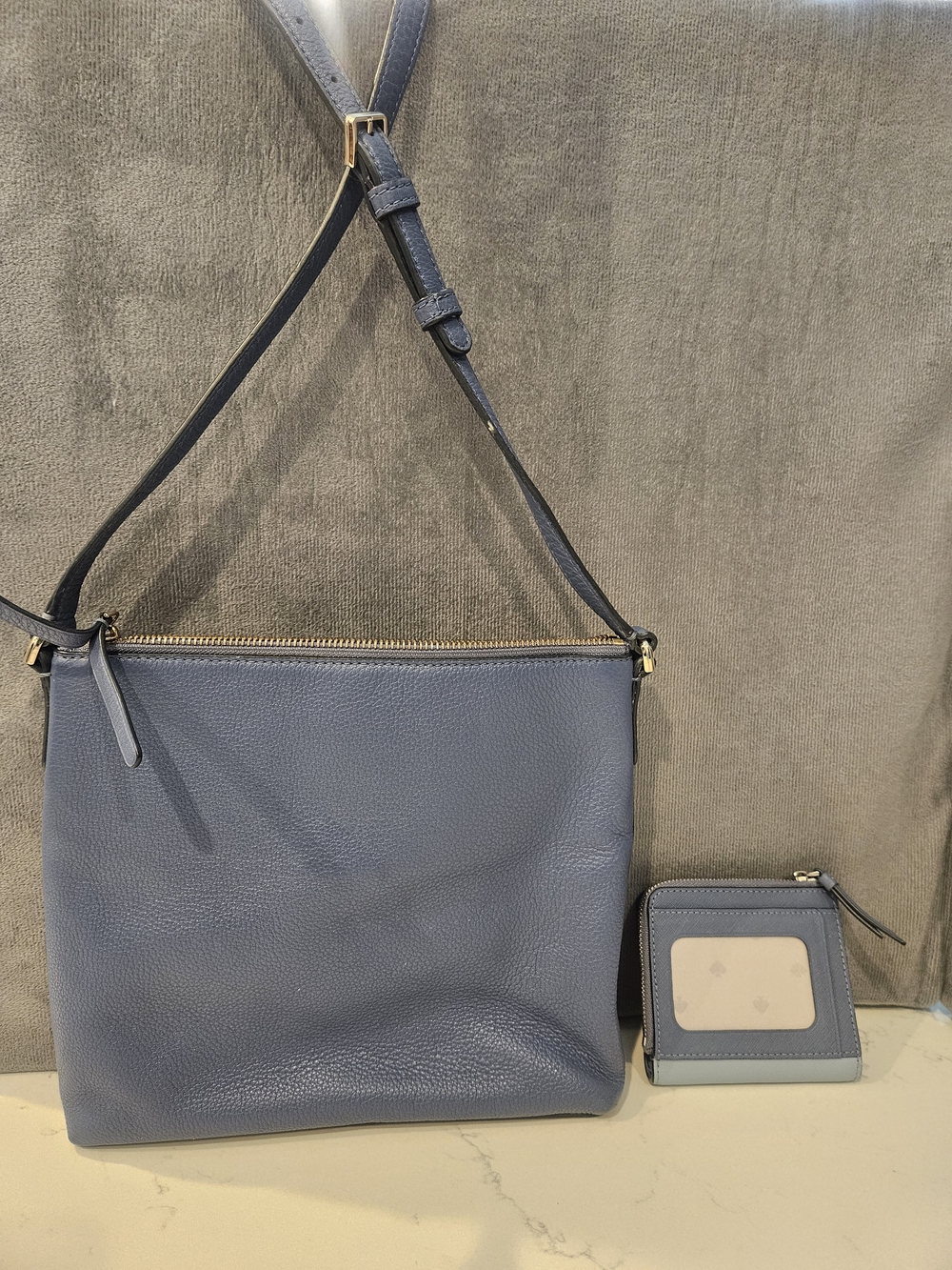 kate spade pebble leather shoulder bag in slate blue with matching card wallet